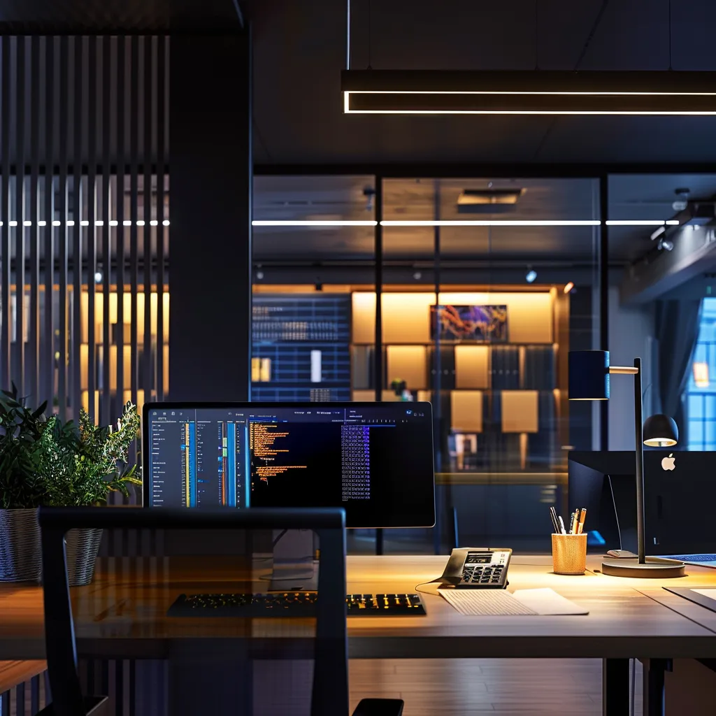a sleek, modern office environment showcases a confident professional efficiently organizing digital inventory on a vibrant, high-tech screen, illuminated by a focused overhead light that highlights the advanced features of servicetitan’s tools.
